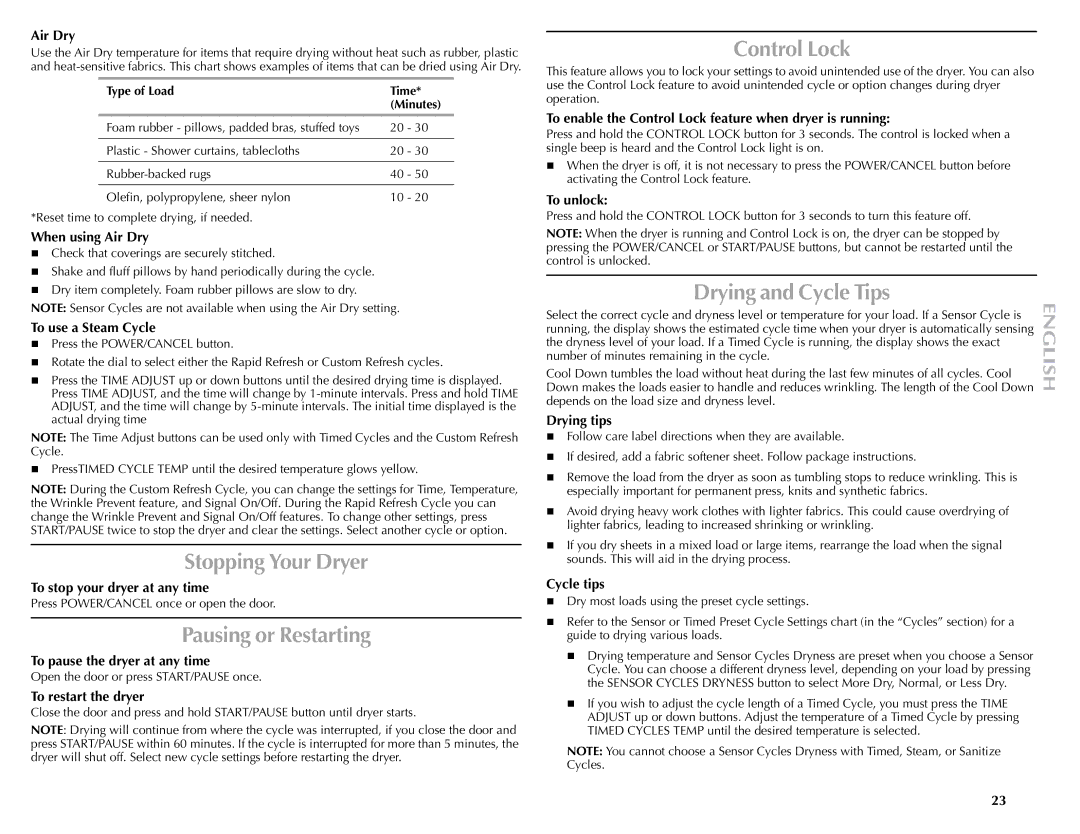 Maytag W10057351A manual Stopping Your Dryer, Pausing or Restarting, Control Lock, Drying and Cycle Tips 