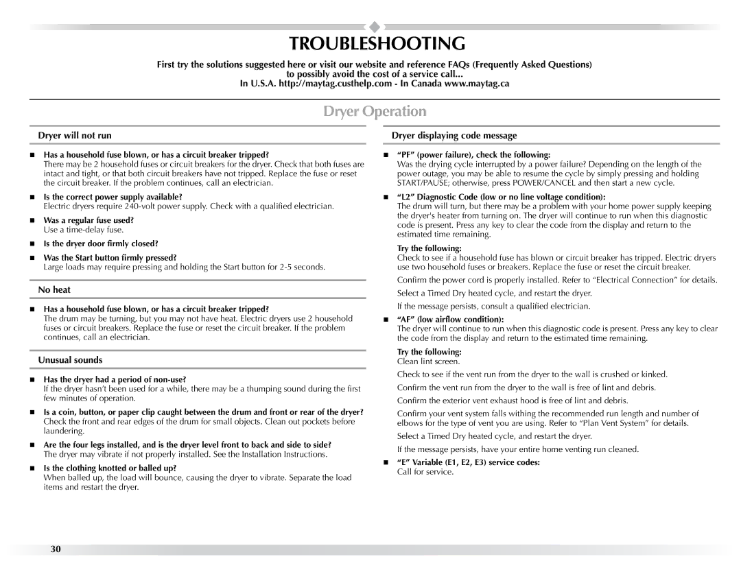 Maytag W10057351A manual Troubleshooting, Dryer Operation 