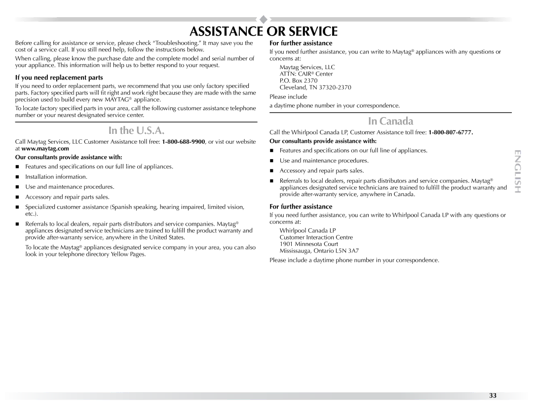 Maytag W10057351A manual Assistance or Service, U.S.A, Canada, If you need replacement parts, For further assistance 