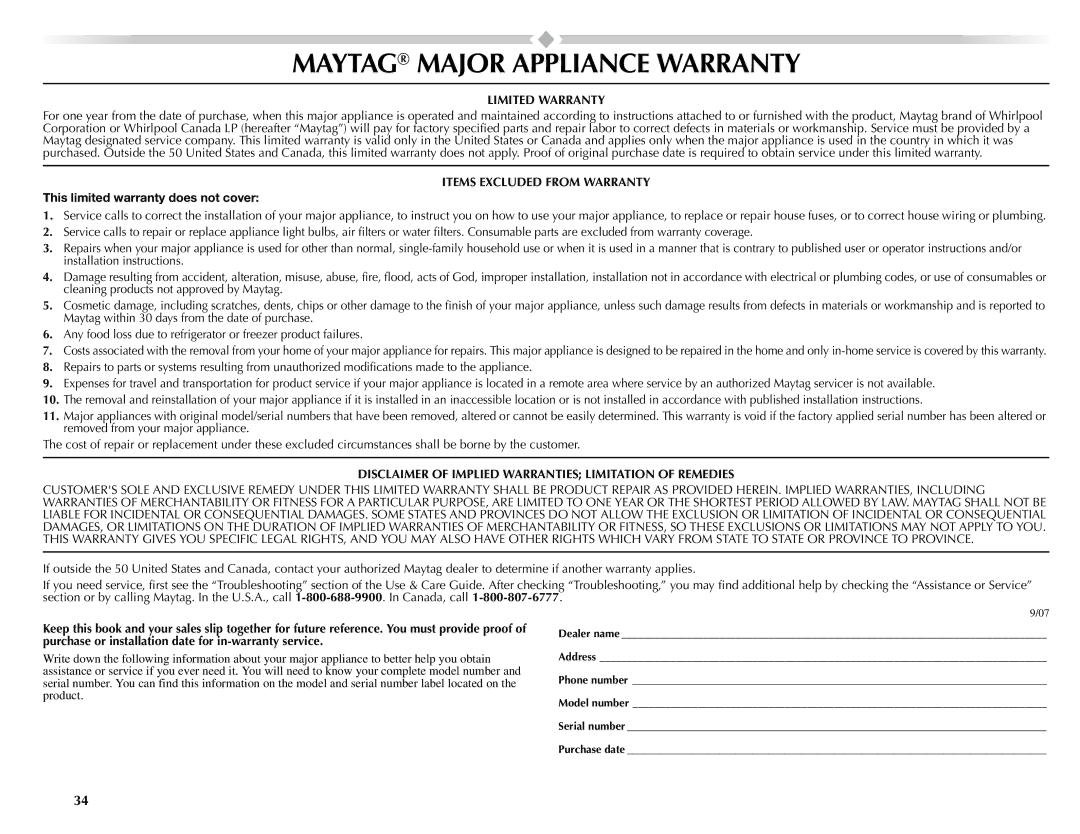 Maytag W10057351A manual Maytag Major Appliance Warranty, This limited warranty does not cover 