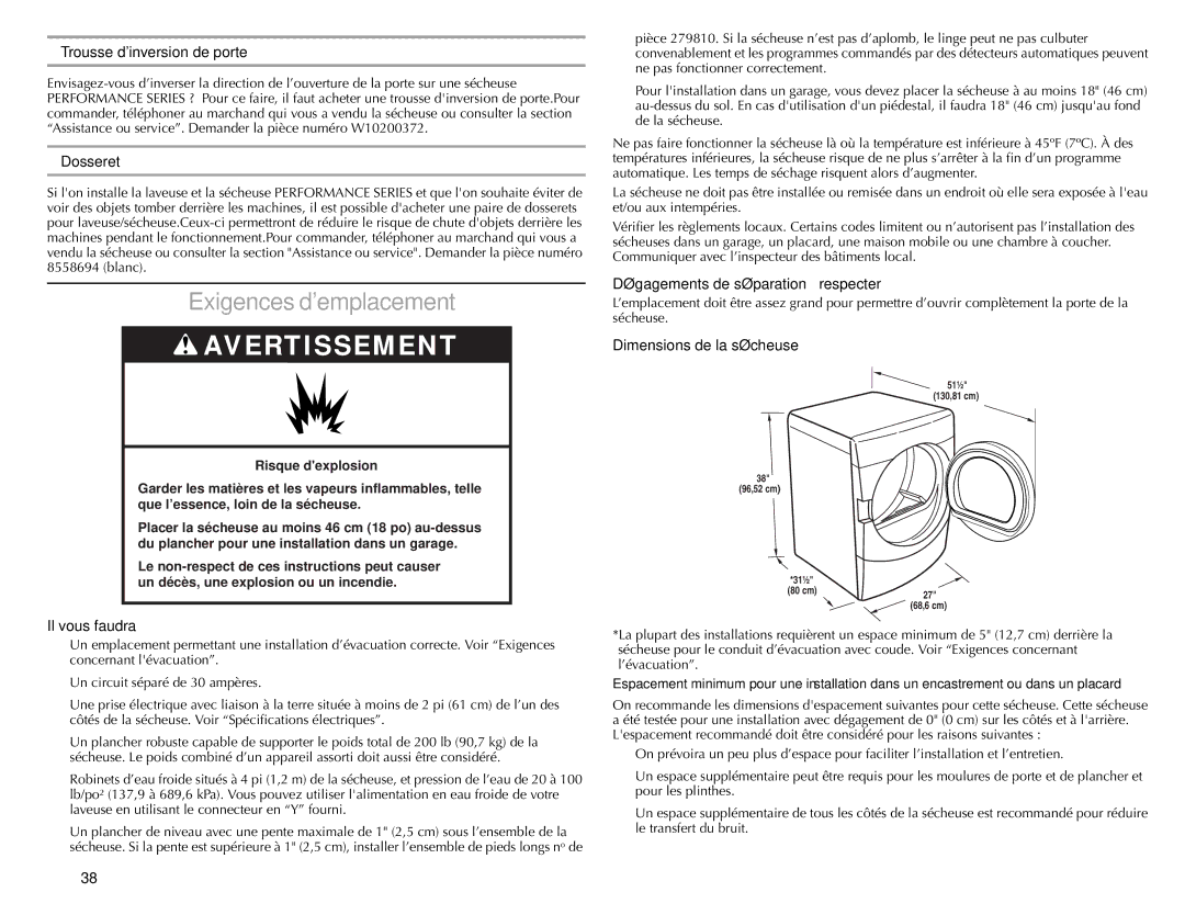 Maytag W10057351A manual Exigences demplacement 