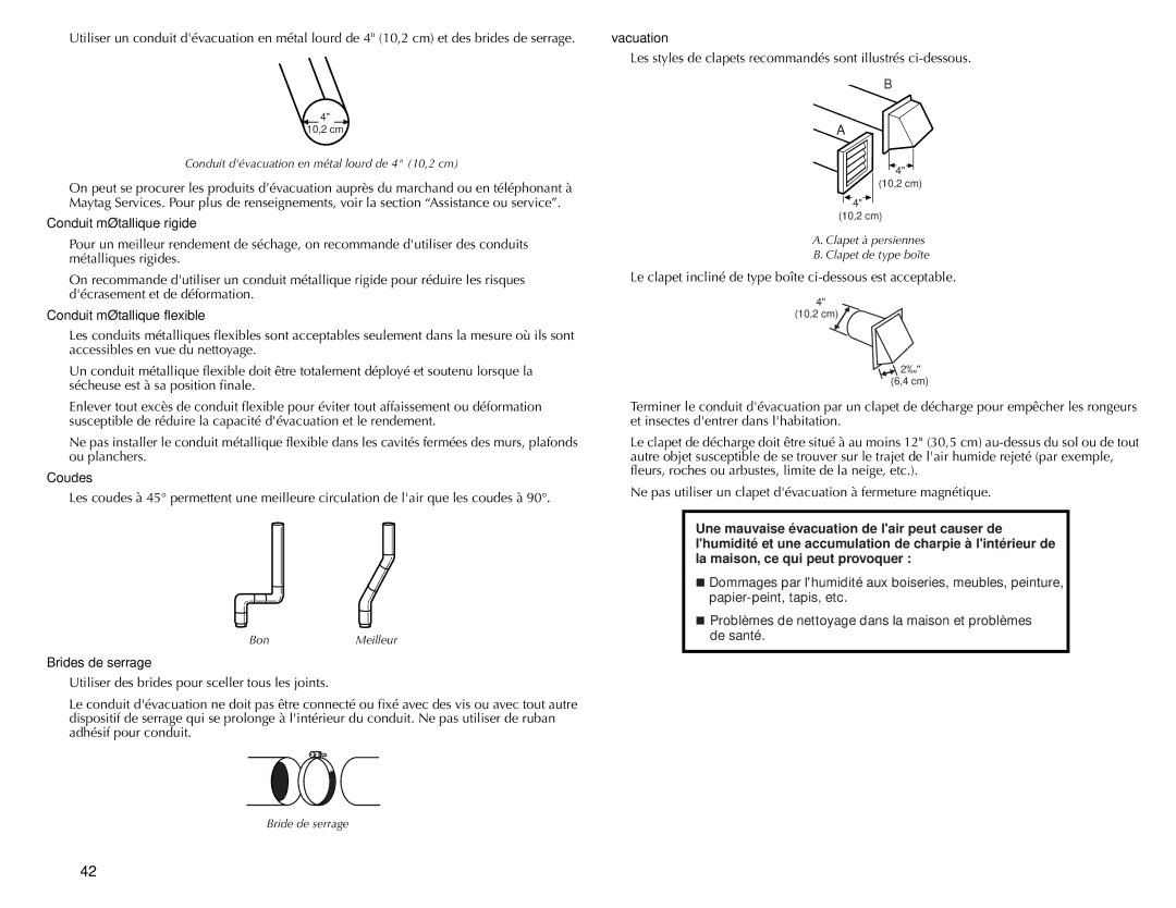 Maytag W10057351A manual Conduit métallique rigide, Conduit métallique flexible, Coudes, Brides de serrage, Évacuation 