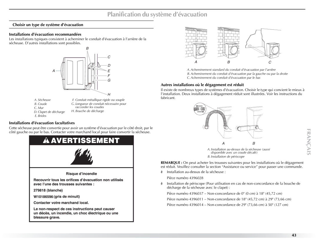 Maytag W10057351A manual Planification du système d’évacuation, Installations d’évacuation facultatives 