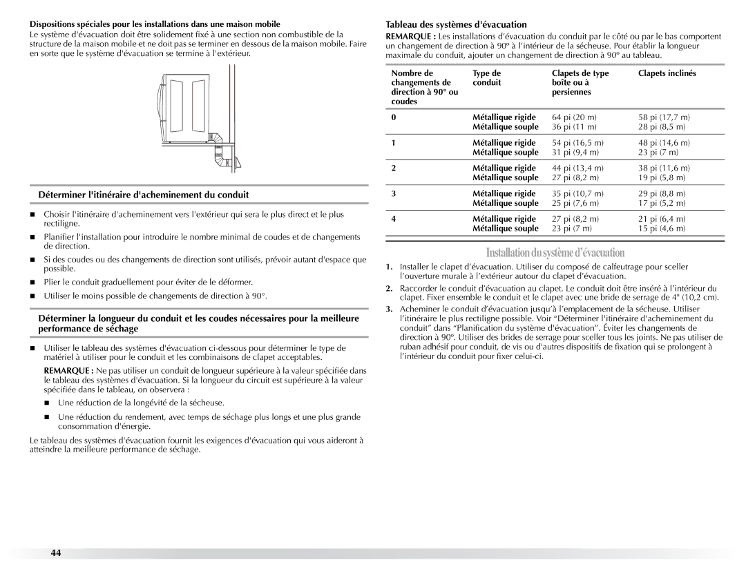 Maytag W10057351A manual Déterminer litinéraire dacheminement du conduit, Tableau des systèmes dévacuation 