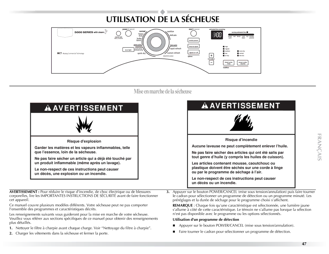 Maytag W10057351A manual Utilisation DE LA Sécheuse, Utilisation dun programme de détection 