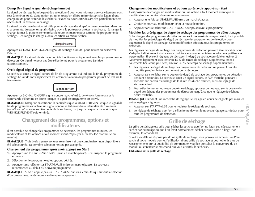 Maytag W10057351A Changement des programmes, options et Modificateurs, Grille de séchage, Cycle signal signal de programme 