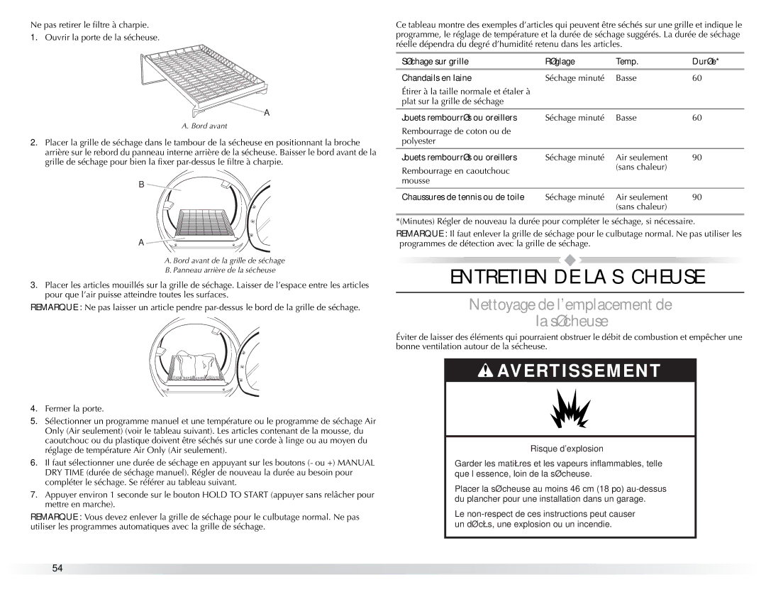 Maytag W10057351A manual Entretien DE LA Sécheuse, Nettoyage de lemplacement de La sécheuse, Jouets rembourrés ou oreillers 