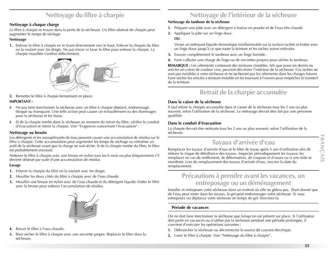 Maytag W10057351A Nettoyage du filtre à charpie, Nettoyage de l’intérieur de la sécheuse, Retrait de la charpie accumulée 