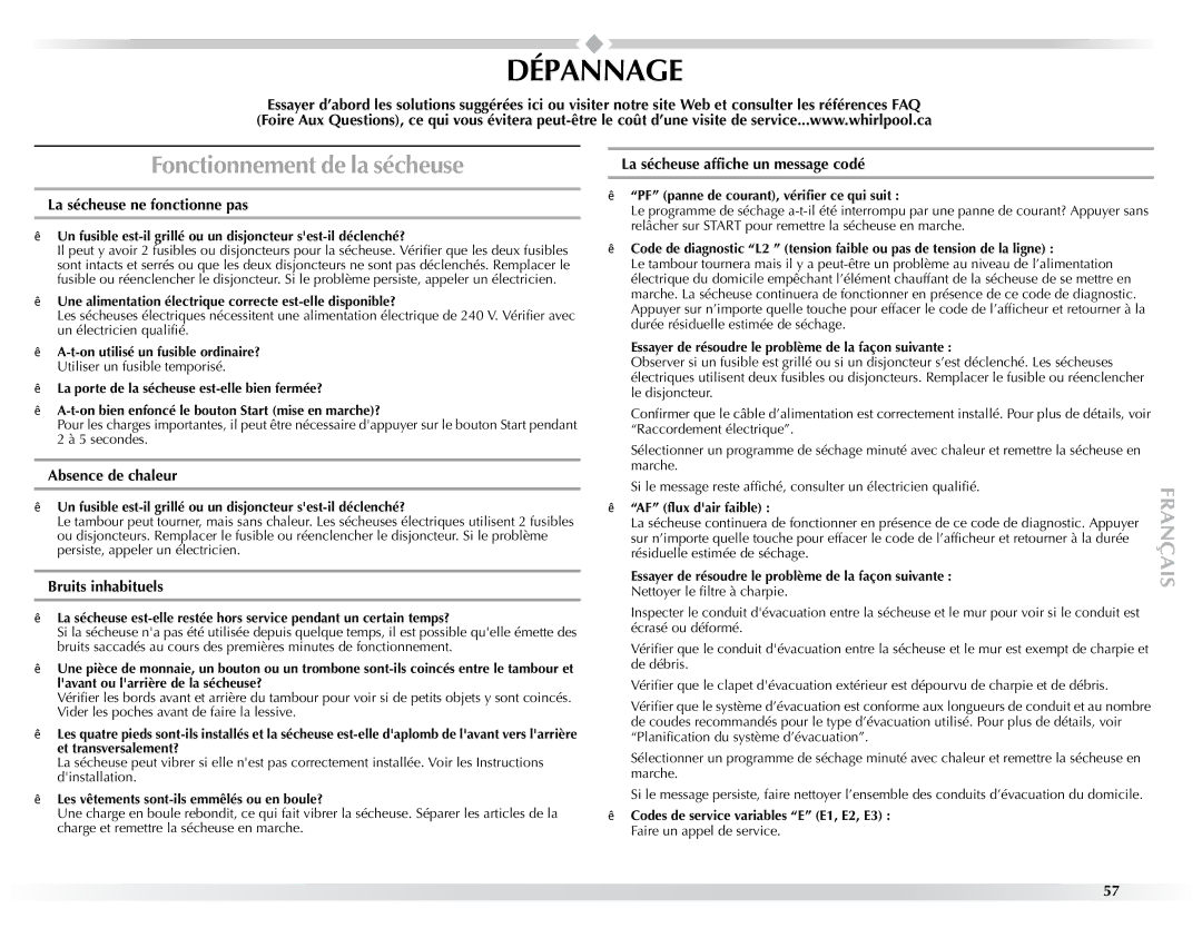 Maytag W10057351A manual Dépannage, Fonctionnement de la sécheuse, La sécheuse ne fonctionne pas, Bruits inhabituels 