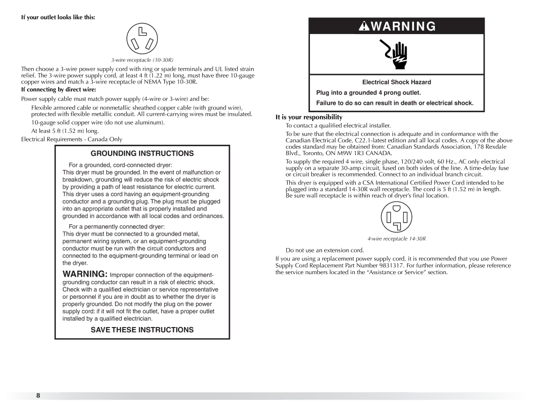 Maytag W10057351A manual Grounding Instructions, If connecting by direct wire 