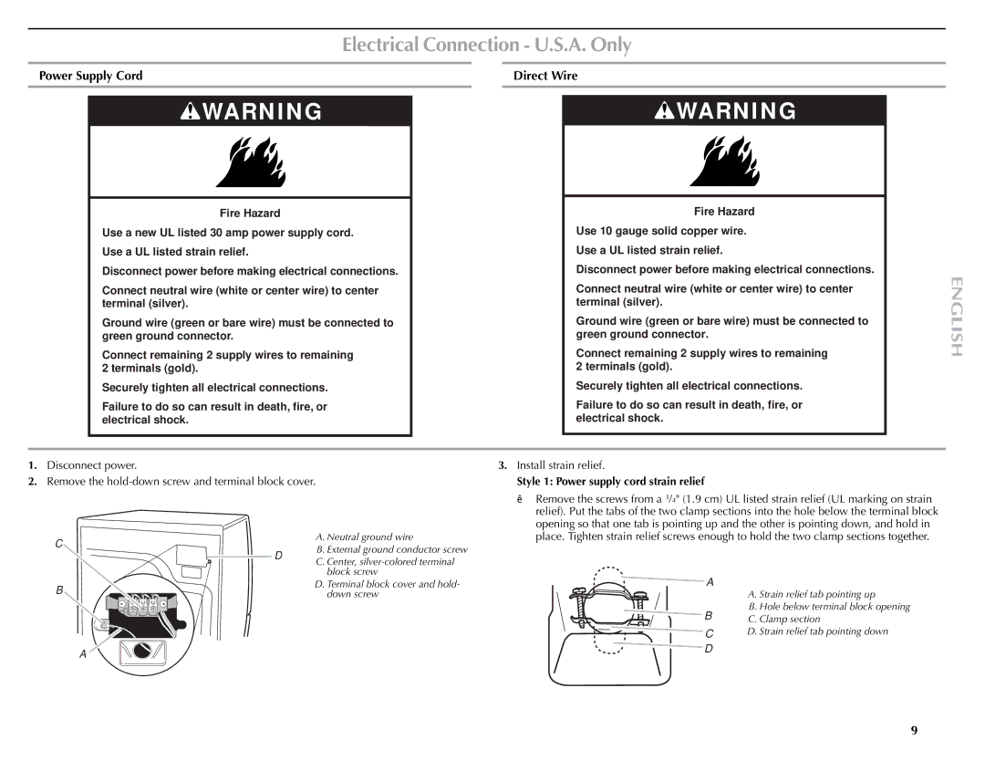 Maytag W10057351A manual Electrical Connection U.S.A. Only, Power Supply Cord Direct Wire 