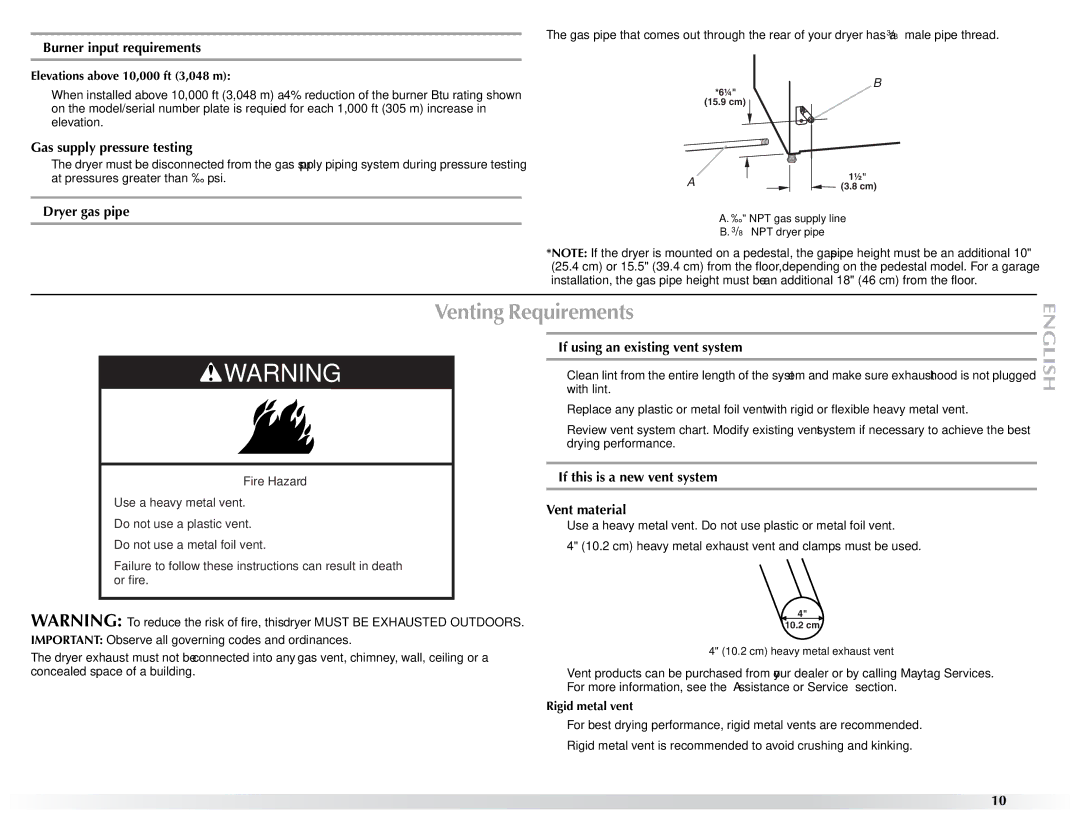 Maytag W10057352A manual Venting Requirements 