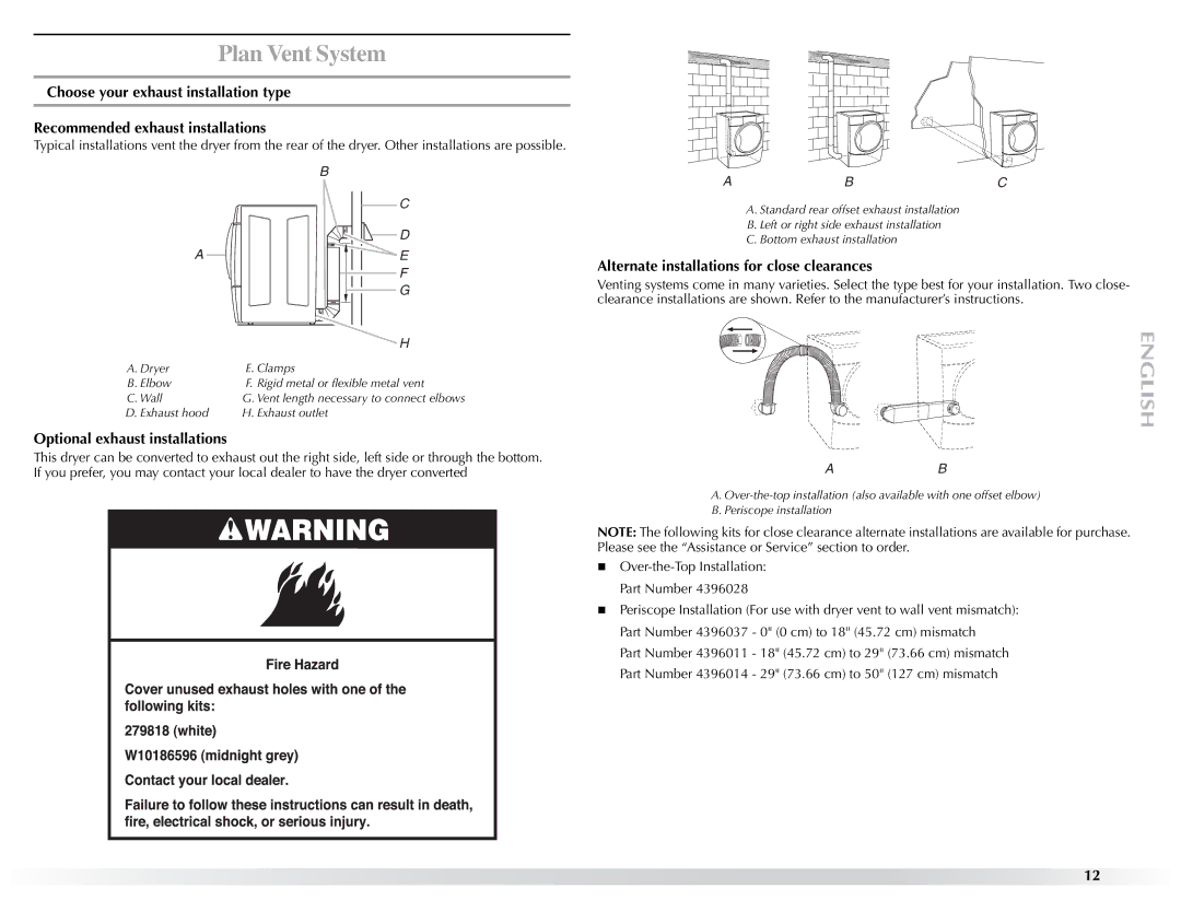 Maytag W10057352A manual Optional exhaust installations, Alternate installations for close clearances 