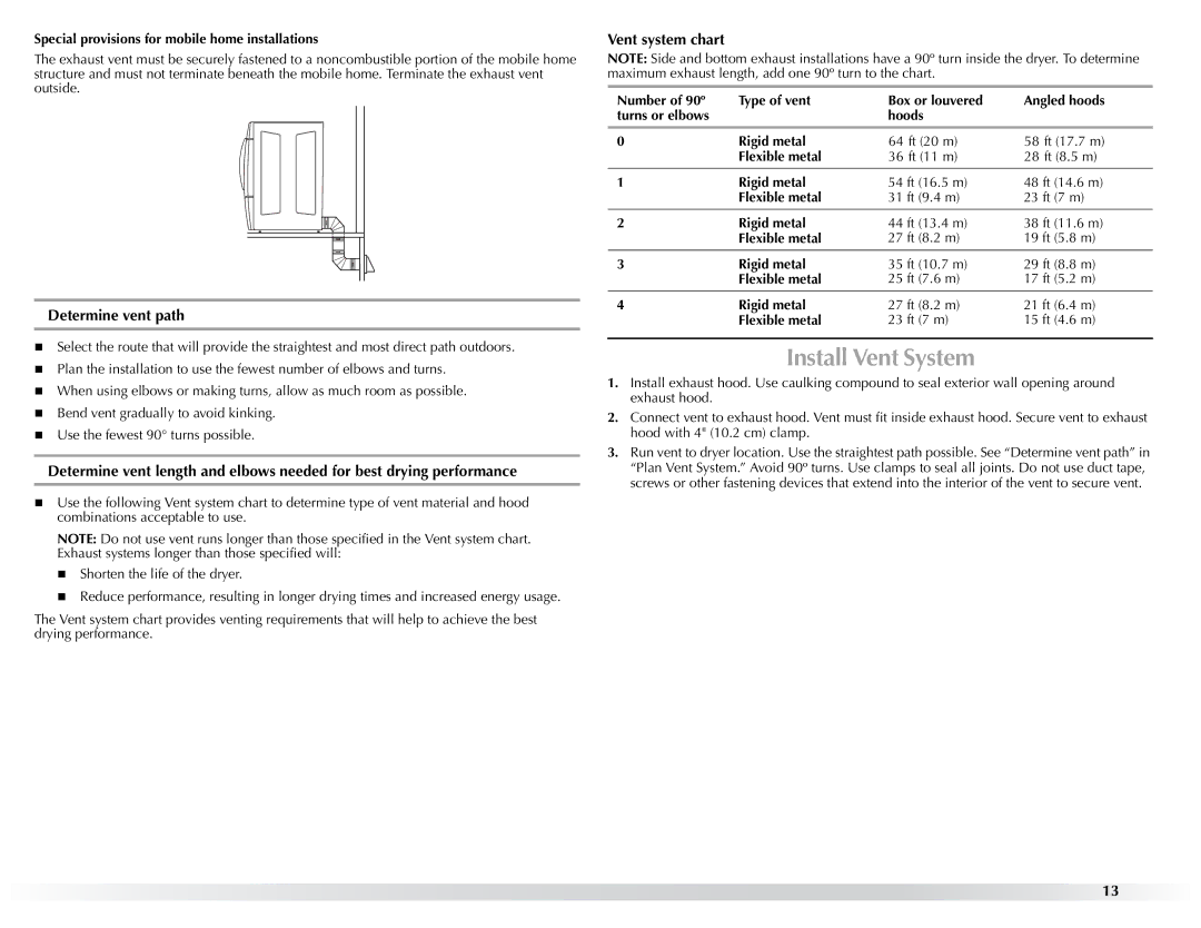 Maytag W10057352A manual Install Vent System, Determine vent path, Vent system chart 