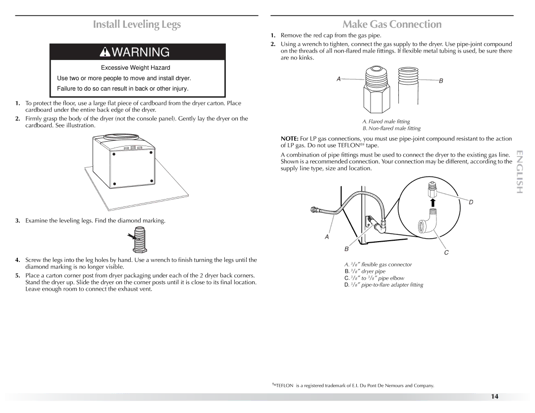 Maytag W10057352A manual Install Leveling Legs, Make Gas Connection, Examine the leveling legs. Find the diamond marking 