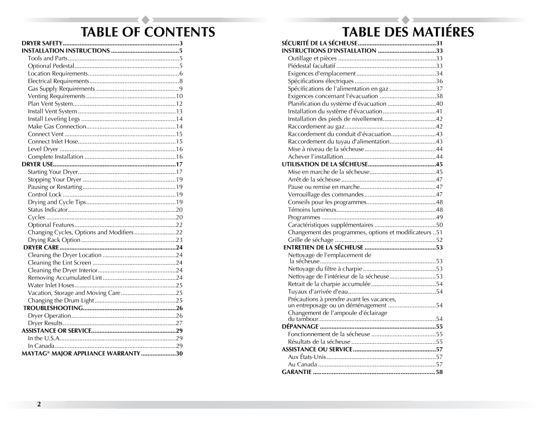 Maytag W10057352A manual Table of Contents, Table DES Matiéres 