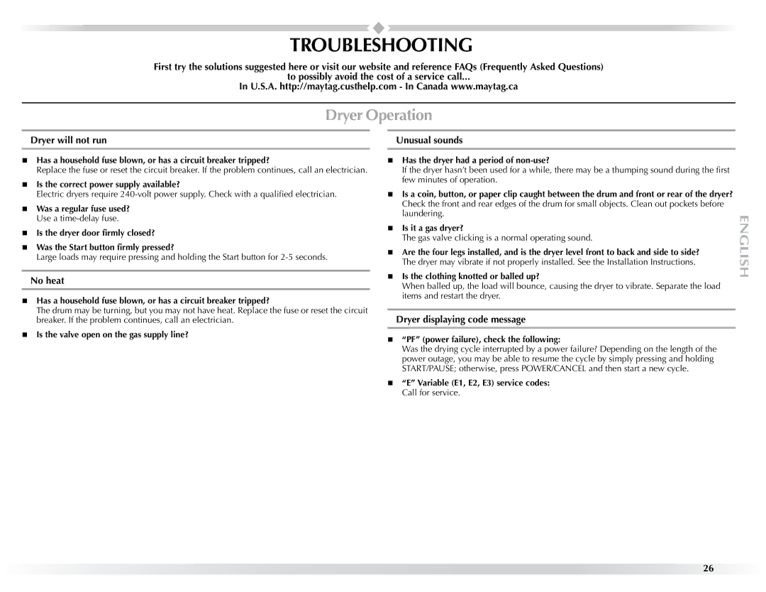 Maytag W10057352A manual Troubleshooting, Dryer Operation 