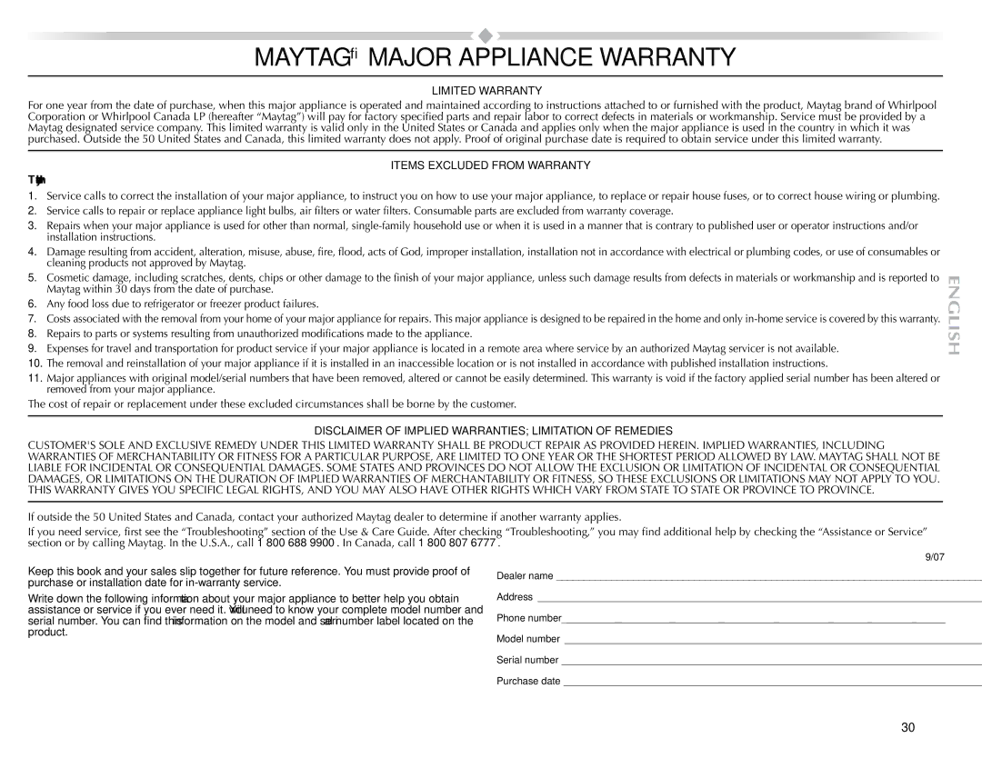 Maytag W10057352A manual Maytag Major Appliance Warranty, This limited warranty does not cover 