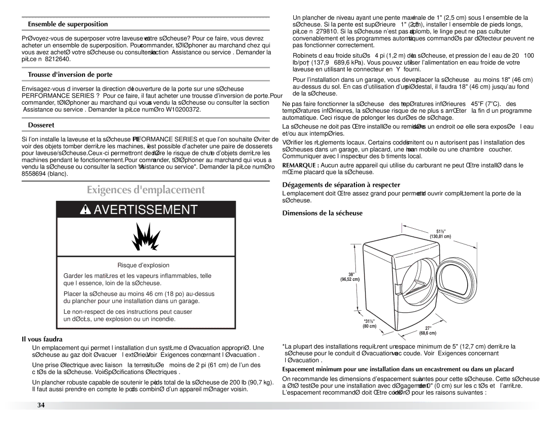 Maytag W10057352A manual Exigences demplacement 