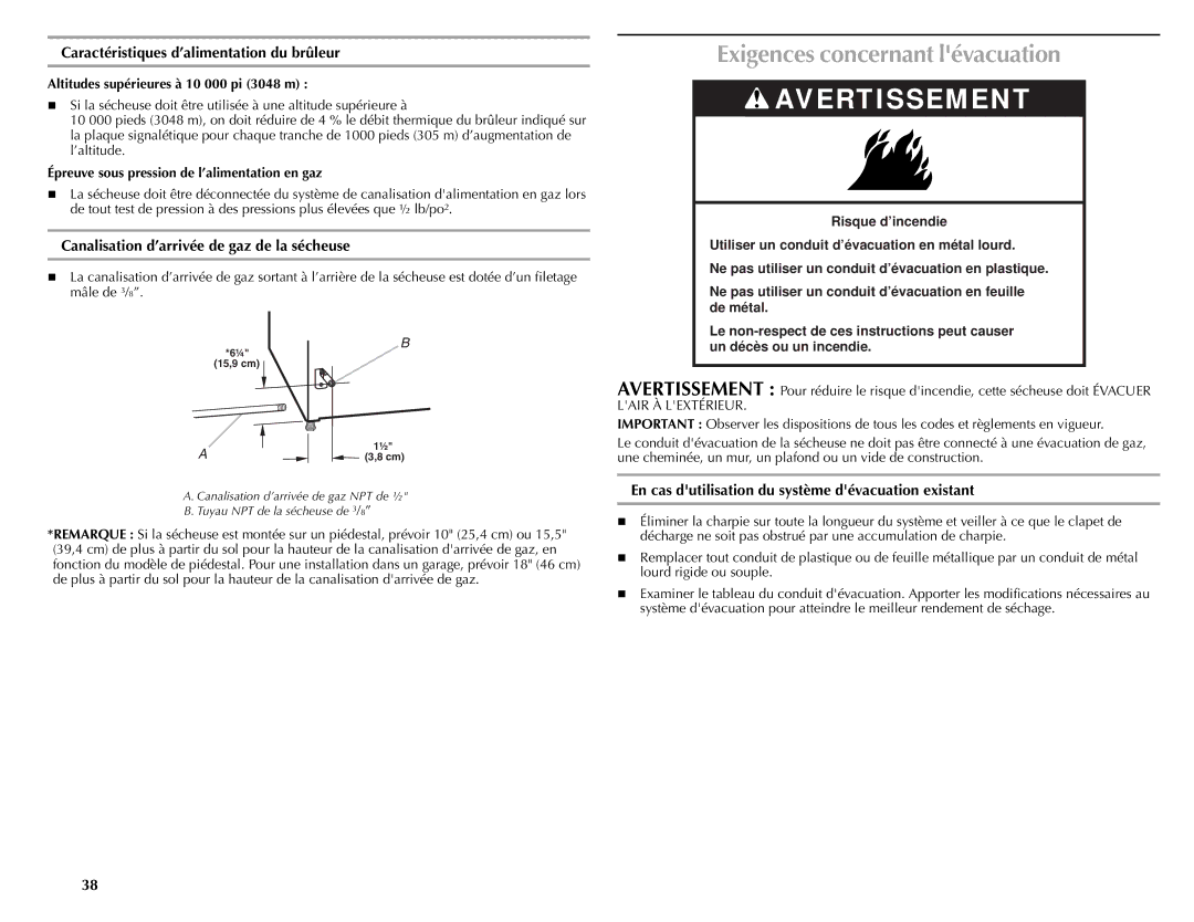 Maytag W10057352A manual Exigences concernant lévacuation, Caractéristiques d’alimentation du brûleur 