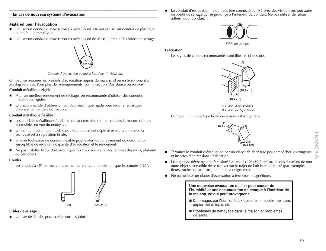 Maytag W10057352A manual Conduit métallique rigide, Conduit métallique flexible, Coudes, Brides de serrage, Évacuation 