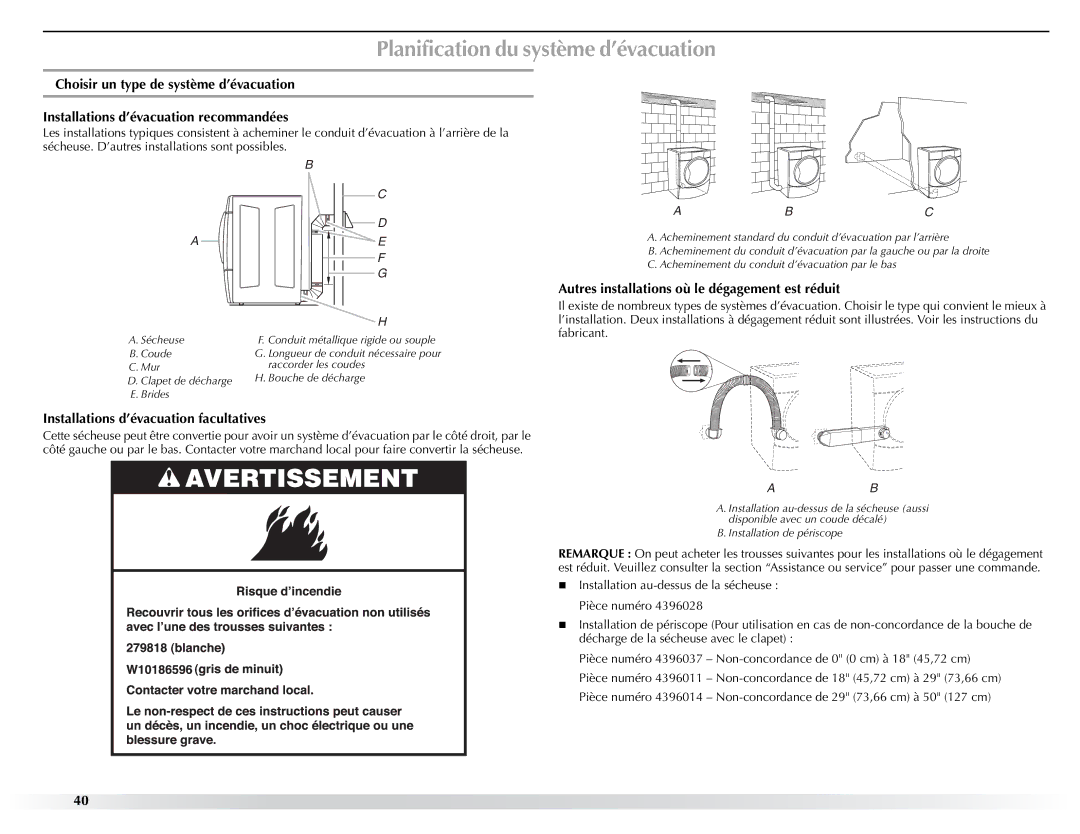 Maytag W10057352A manual Planification du système d’évacuation, Installations d’évacuation facultatives 