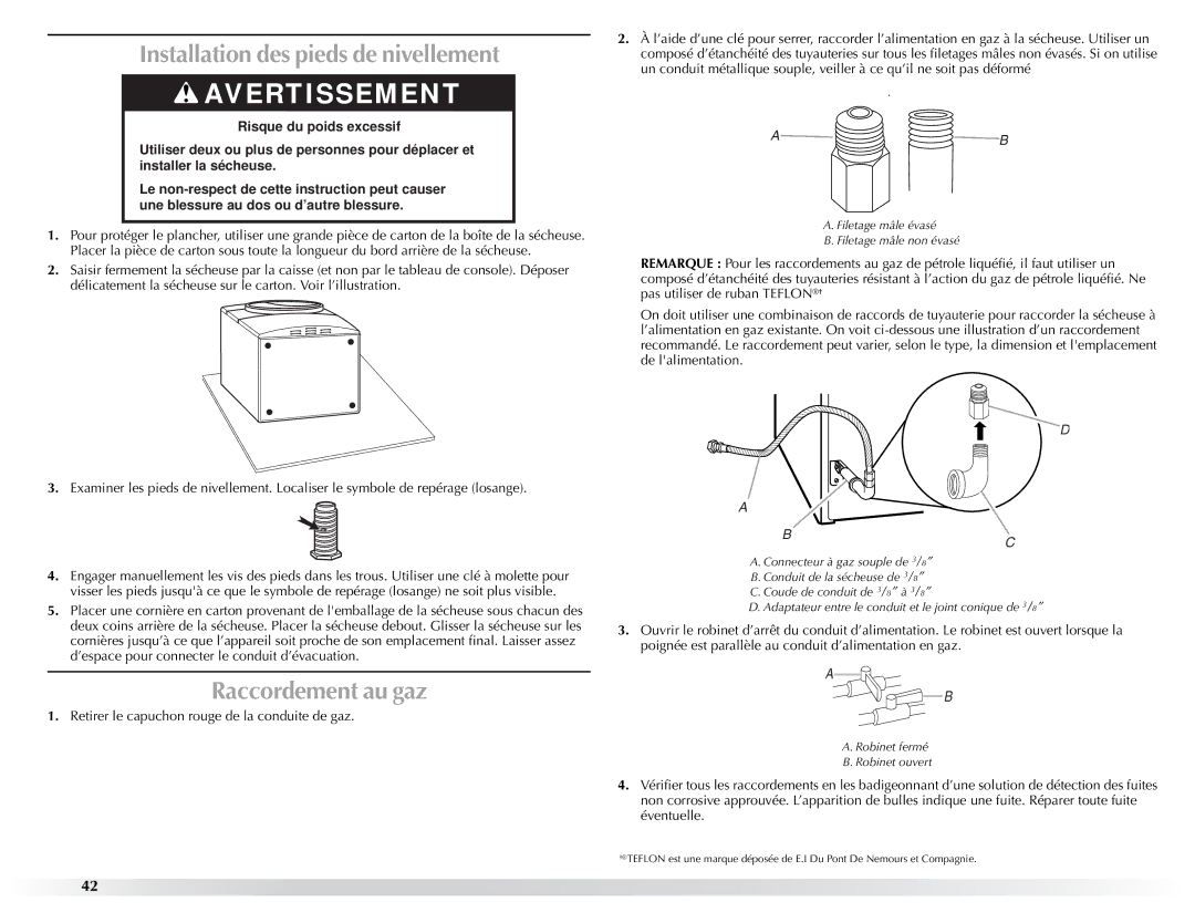 Maytag W10057352A manual Installation des pieds de nivellement, Raccordement au gaz 