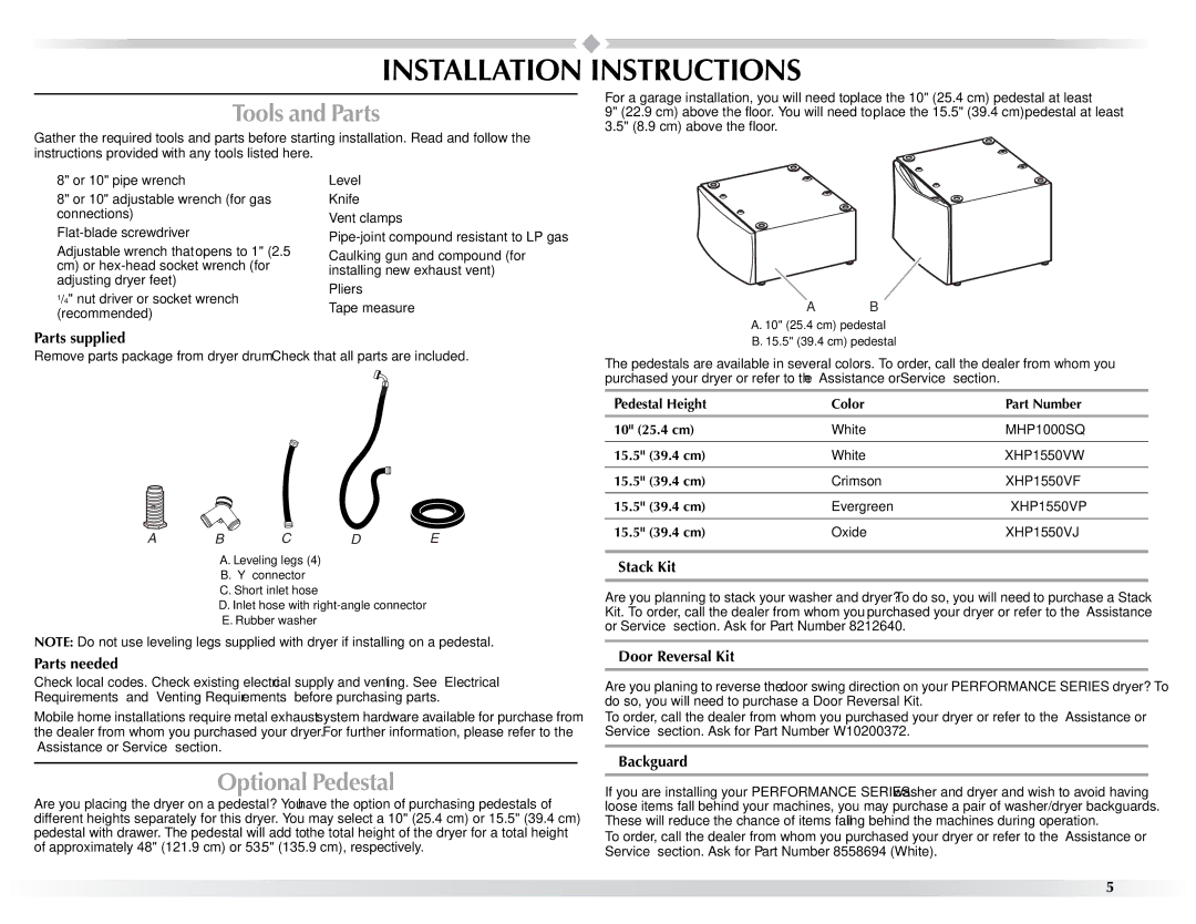 Maytag W10057352A manual Installation Instructions, Tools and Parts, Optional Pedestal 