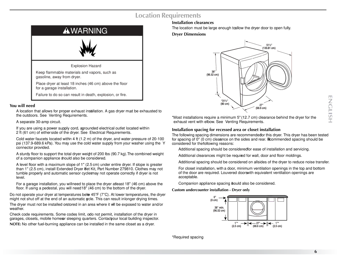 Maytag W10057352A manual Location Requirements, You will need, Installation clearances, Dryer Dimensions 