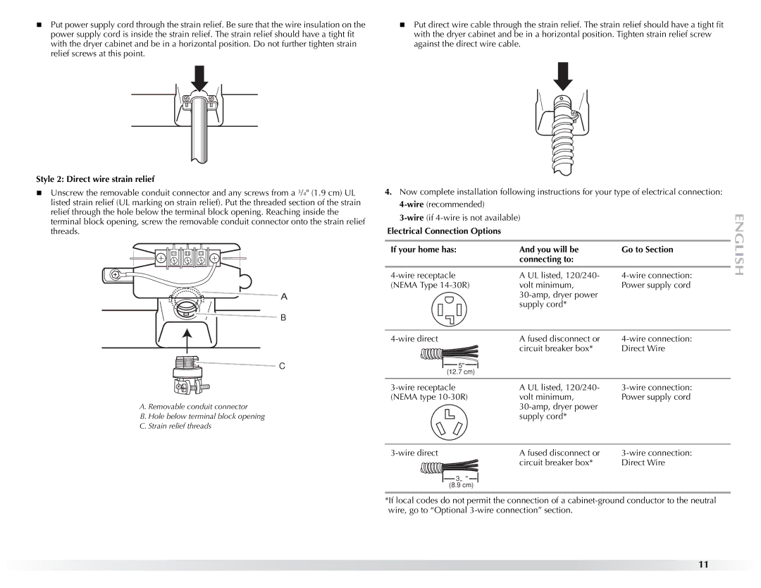 Maytag W10057353A manual Style 2 Direct wire strain relief 