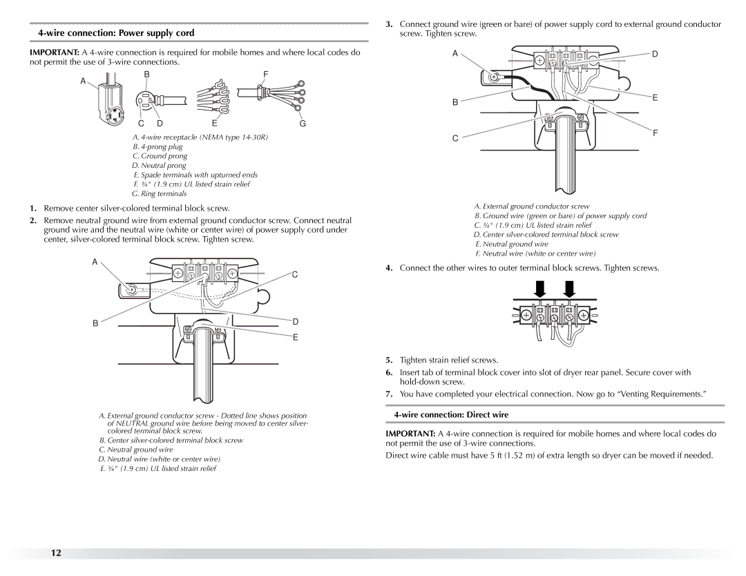 Maytag W10057353A manual Wire connection Power supply cord, Wire connection Direct wire 
