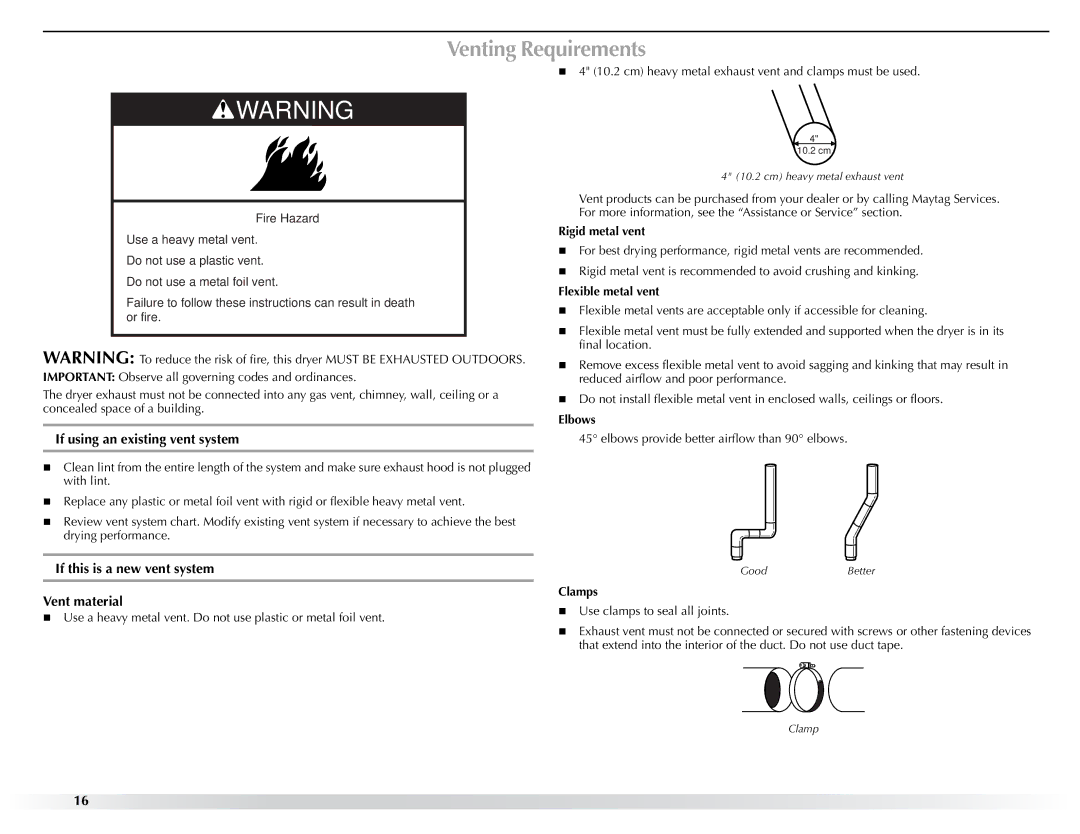 Maytag W10057353A manual Venting Requirements, If using an existing vent system, If this is a new vent system Vent material 