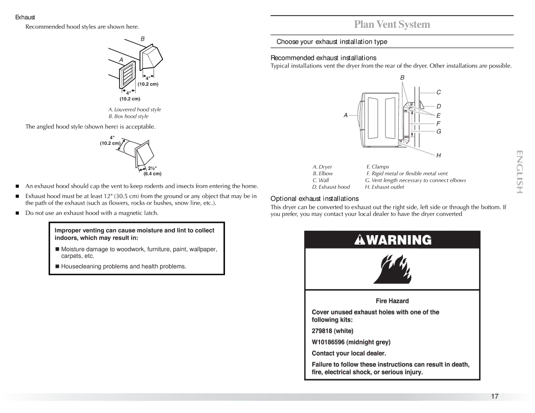 Maytag W10057353A manual Optional exhaust installations, Exhaust 