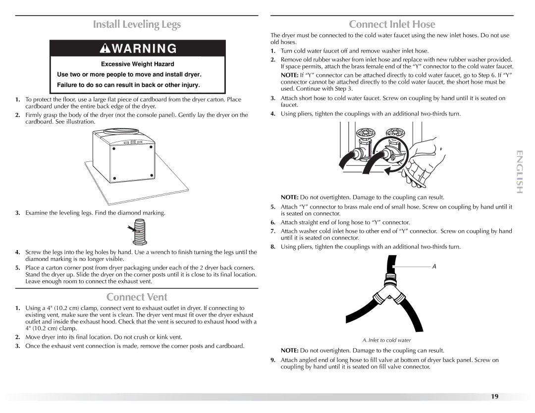 Maytag W10057353A manual Install Leveling Legs, Connect Vent, Connect Inlet Hose 