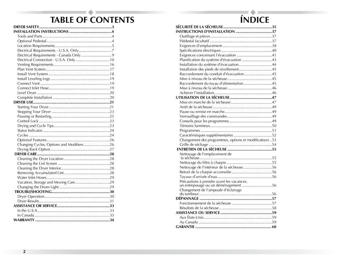 Maytag W10057353A manual Table of Contents 