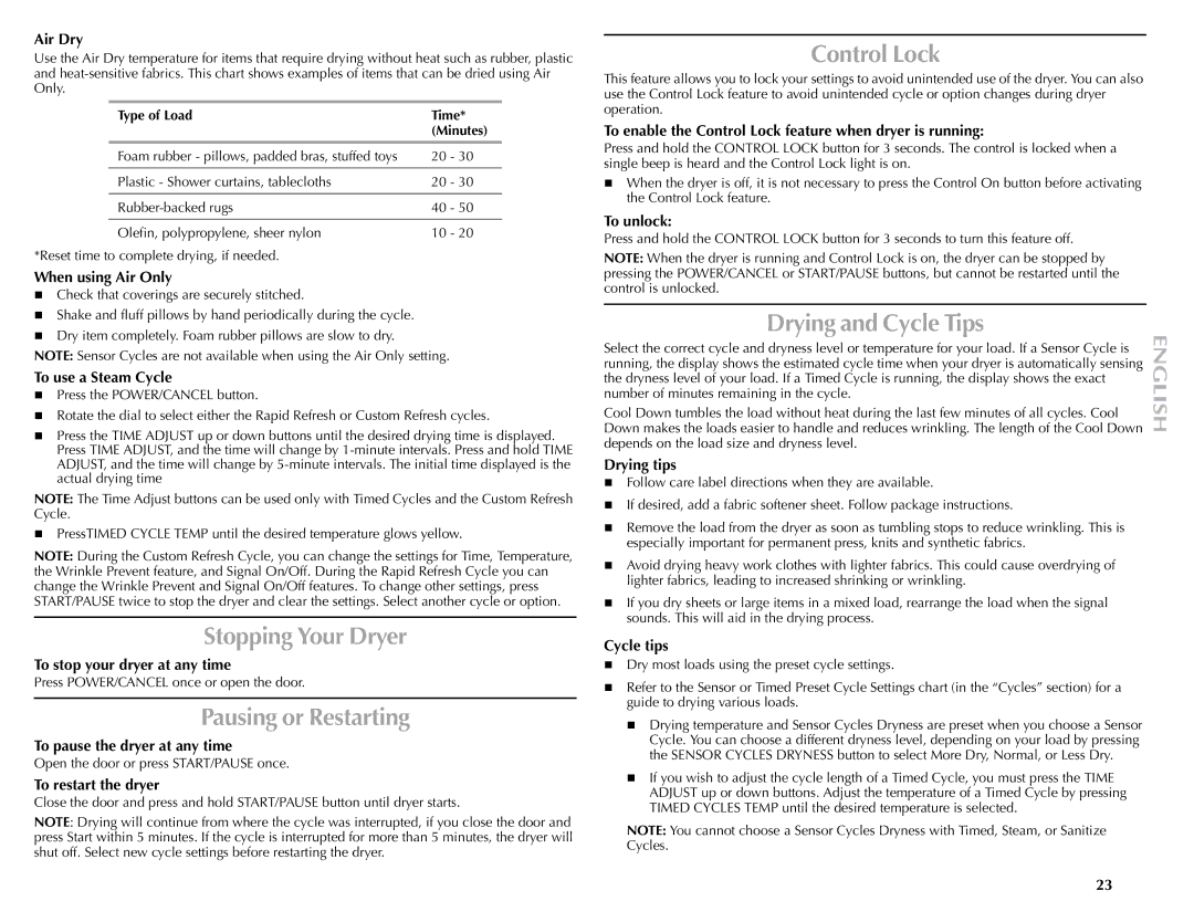 Maytag W10057353A manual Stopping Your Dryer, Pausing or Restarting, Control Lock, Drying and Cycle Tips 