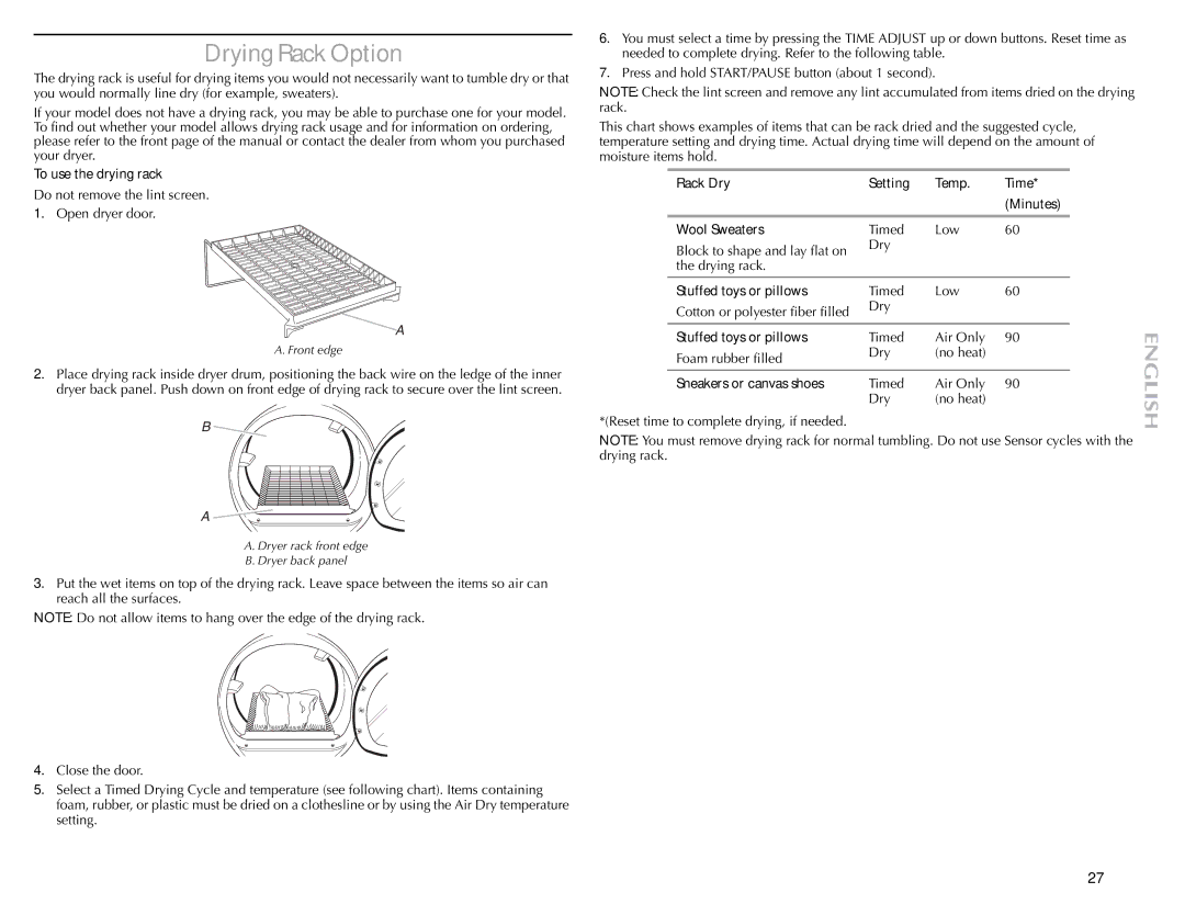 Maytag W10057353A manual Drying Rack Option 