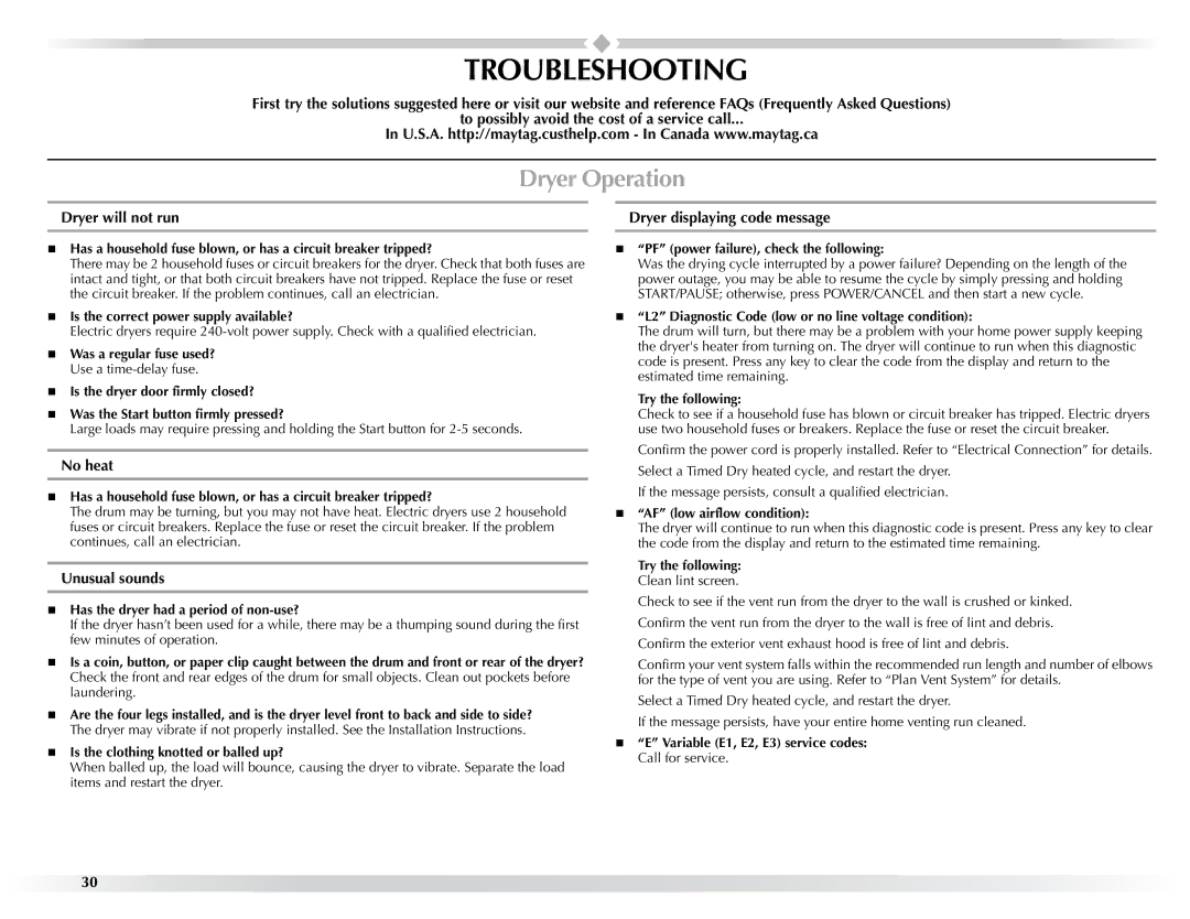 Maytag W10057353A manual Troubleshooting, Dryer Operation 