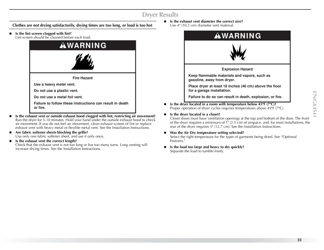 Maytag W10057353A Dryer Results, „ Are fabric softener sheets blocking the grille?, „ Is the dryer located in a closet? 