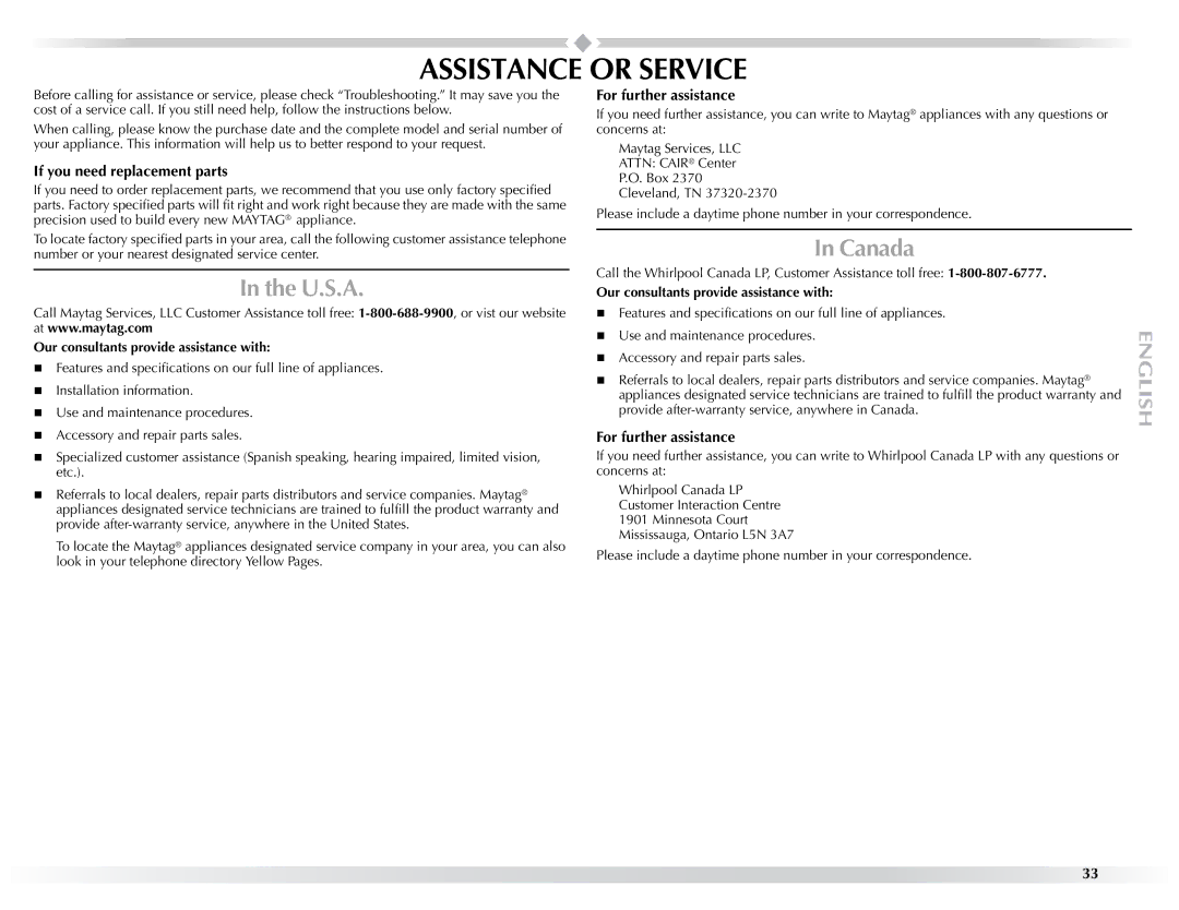 Maytag W10057353A manual Assistance or Service, U.S.A, Canada, If you need replacement parts, For further assistance 