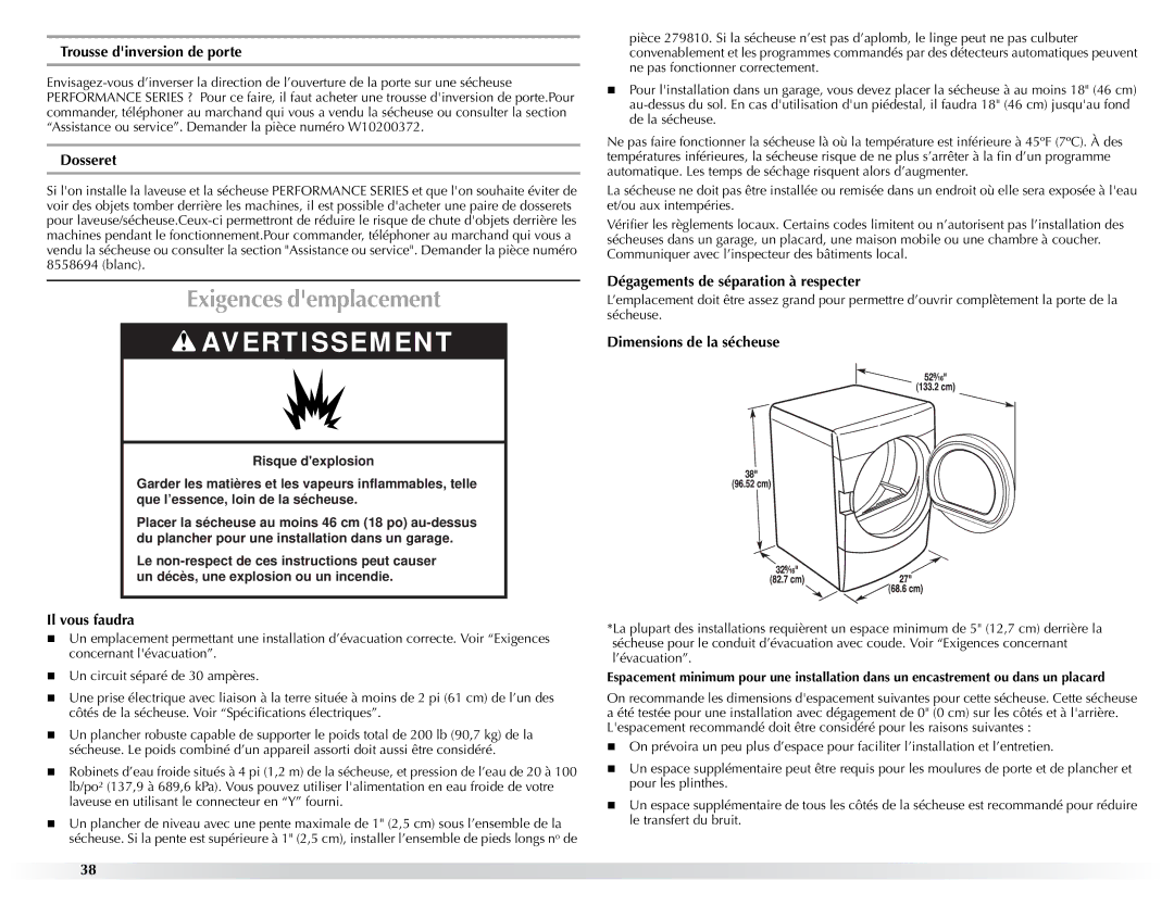 Maytag W10057353A manual Exigences demplacement 