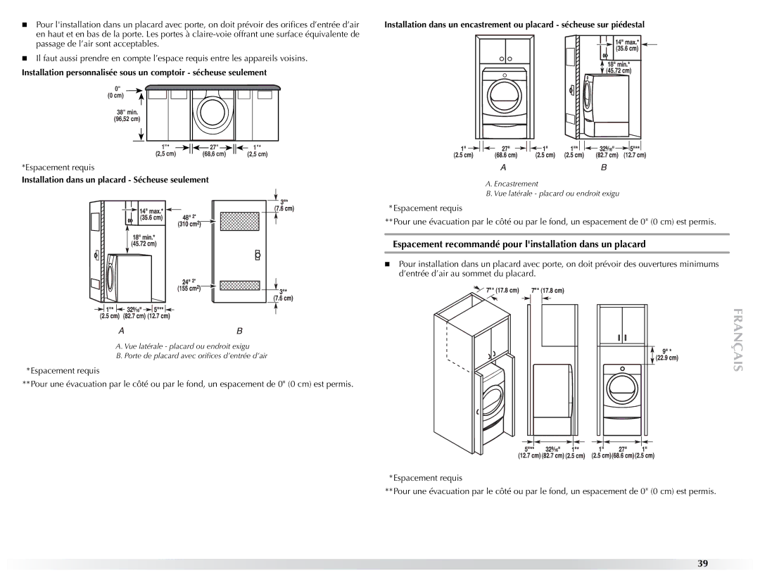 Maytag W10057353A manual Espacement recommandé pour linstallation dans un placard 