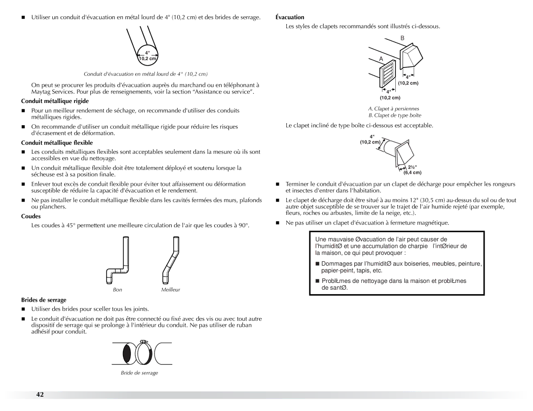 Maytag W10057353A manual Conduit métallique rigide, Conduit métallique flexible, Coudes, Brides de serrage, Évacuation 