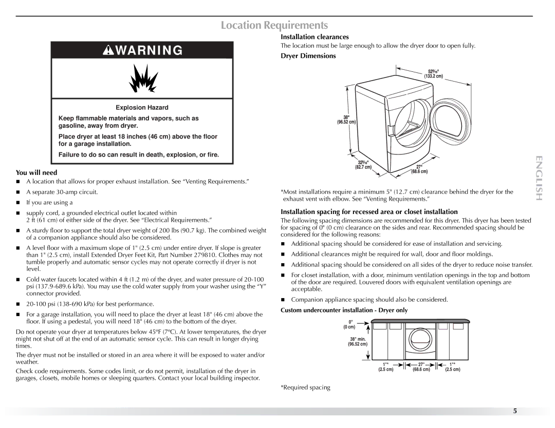 Maytag W10057353A manual Location Requirements, You will need, Installation clearances, Dryer Dimensions 