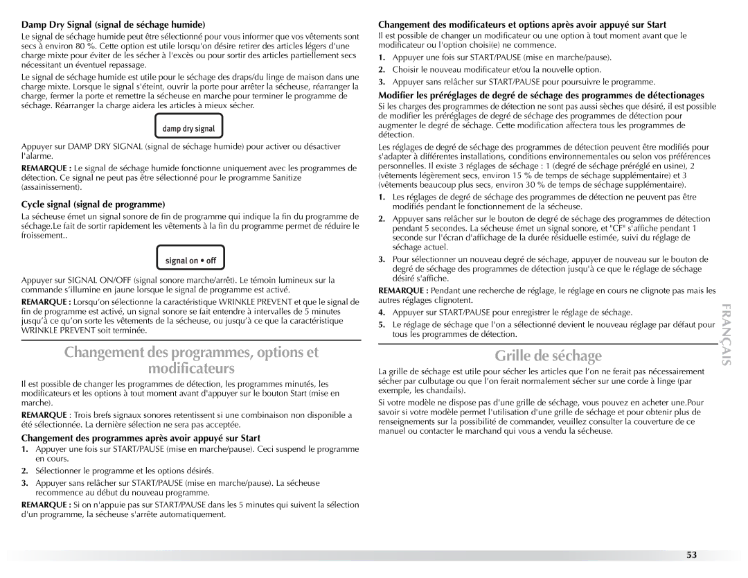 Maytag W10057353A Changement des programmes, options et Modificateurs, Grille de séchage, Cycle signal signal de programme 