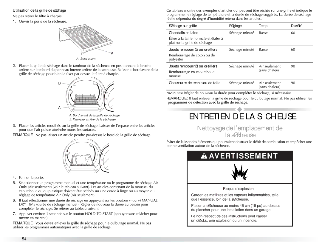 Maytag W10057353A manual Entretien DE LA Sécheuse, Nettoyage de lemplacement de La sécheuse 