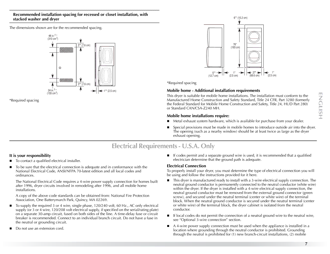 Maytag W10057353A manual Electrical Requirements U.S.A. Only, Mobile home Additional installation requirements 