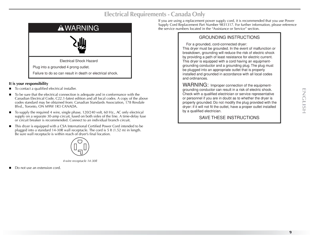 Maytag W10057353A manual Electrical Requirements Canada Only 