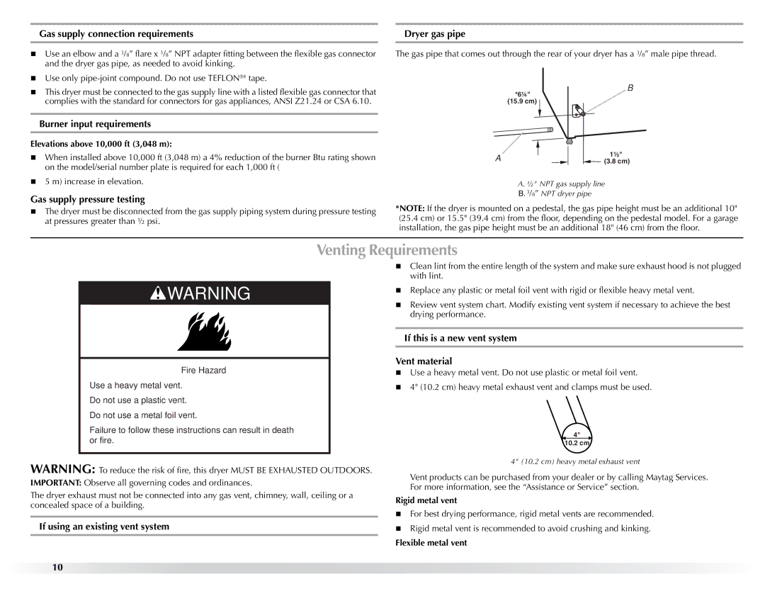 Maytag W10057354A manual Venting Requirements 