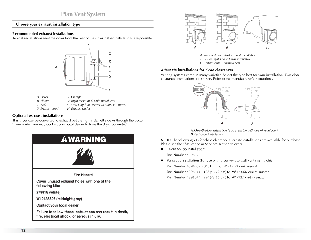 Maytag W10057354A manual Optional exhaust installations, Alternate installations for close clearances 